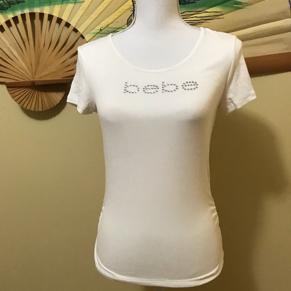 Bebe rhinestone logo white tee shirt M